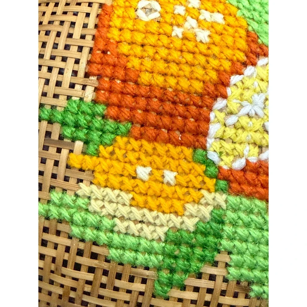 Vintage Woven Rattan Basket Yarn Embroidered Floral Folk Art Boho Wall Decor